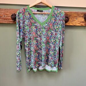 IVKO Woman Multicolor Paisley Floral V-Neck Knit Long Sleeve Top Size S M 36 38